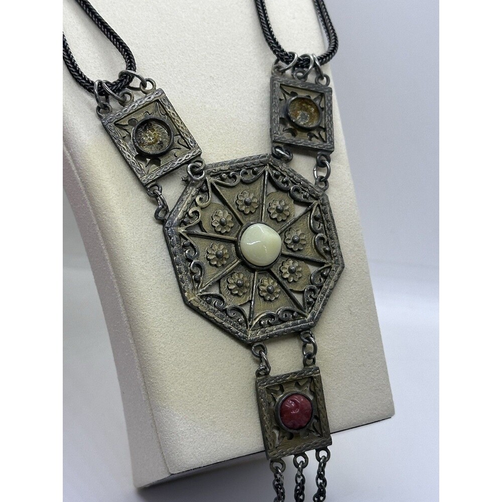 Vintage Hattie Carnegie Style Egyptian Revival Statement Necklace Gunmetal As Is